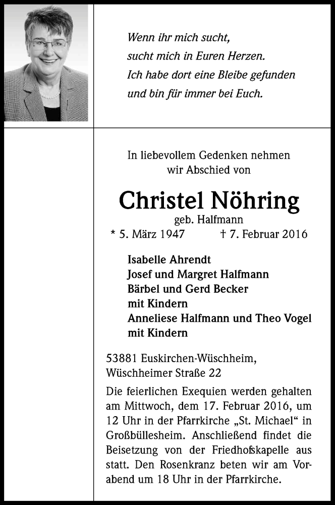  Traueranzeige für Christel Nöhring vom 13.02.2016 aus Kölner Stadt-Anzeiger / Kölnische Rundschau / Express