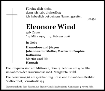 Anzeige von Eleonore Wind von Kölner Stadt-Anzeiger / Kölnische Rundschau / Express