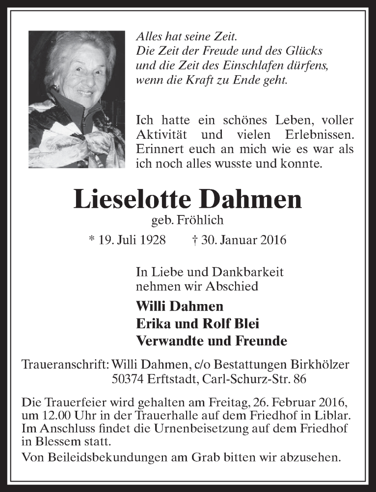  Traueranzeige für Lieselotte Dahmen vom 17.02.2016 aus  Werbepost 
