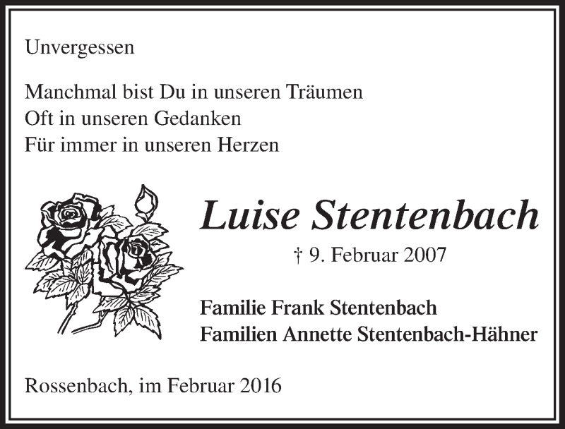  Traueranzeige für Luise Stentenbach vom 10.02.2016 aus  Lokalanzeiger 
