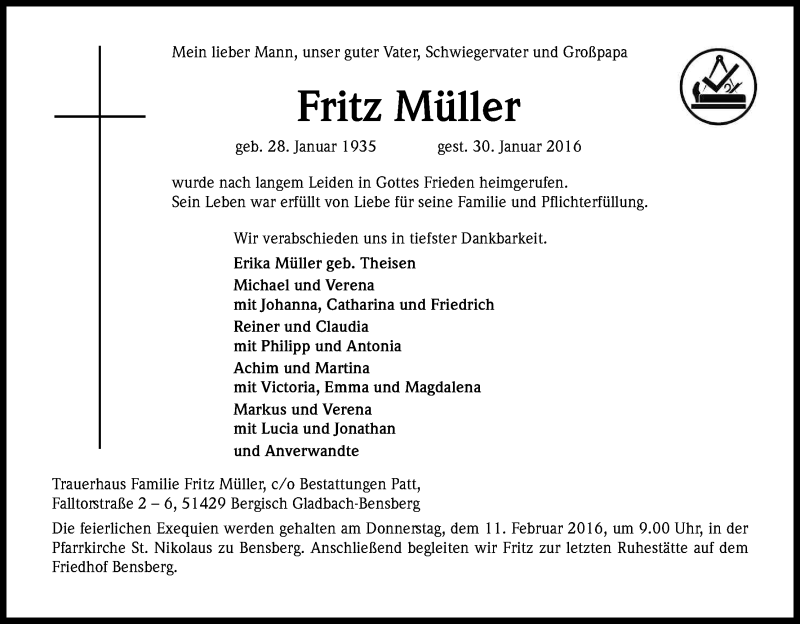  Traueranzeige für Fritz Müller vom 05.02.2016 aus Kölner Stadt-Anzeiger / Kölnische Rundschau / Express