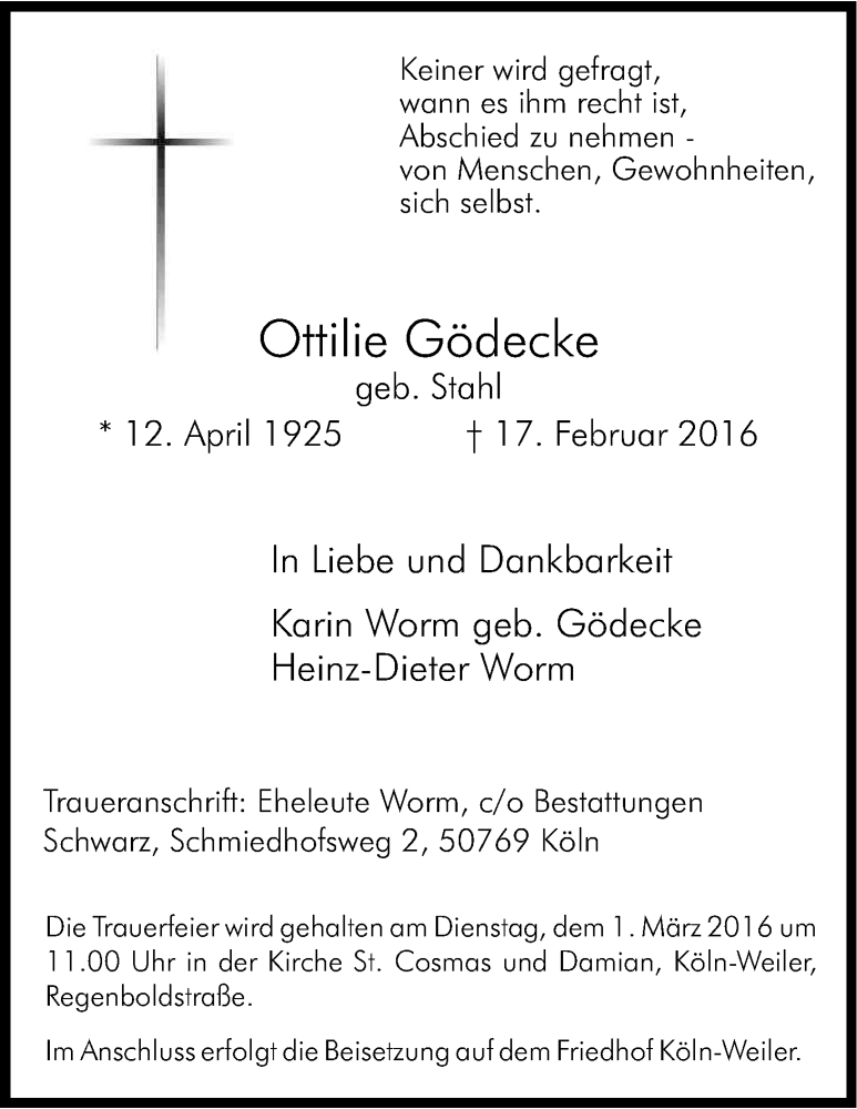 Traueranzeige für Ottilie Gödecke vom 27.02.2016 aus Kölner Stadt-Anzeiger / Kölnische Rundschau / Express
