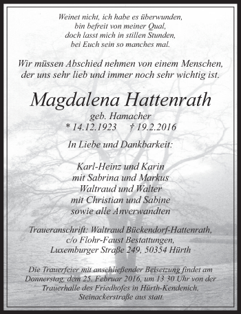 Anzeige von Magdalena Hattenrath von  Wochenende 