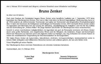 Anzeige von Bruno Zenker von Kölner Stadt-Anzeiger / Kölnische Rundschau / Express