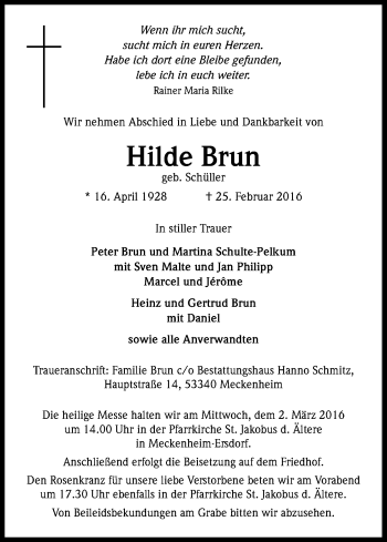 Anzeige von Hilde Brun von Kölner Stadt-Anzeiger / Kölnische Rundschau / Express