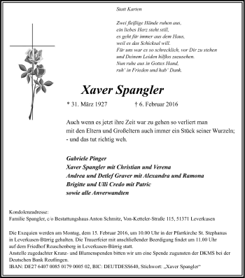 Anzeige von Xaver Spangler von Kölner Stadt-Anzeiger / Kölnische Rundschau / Express