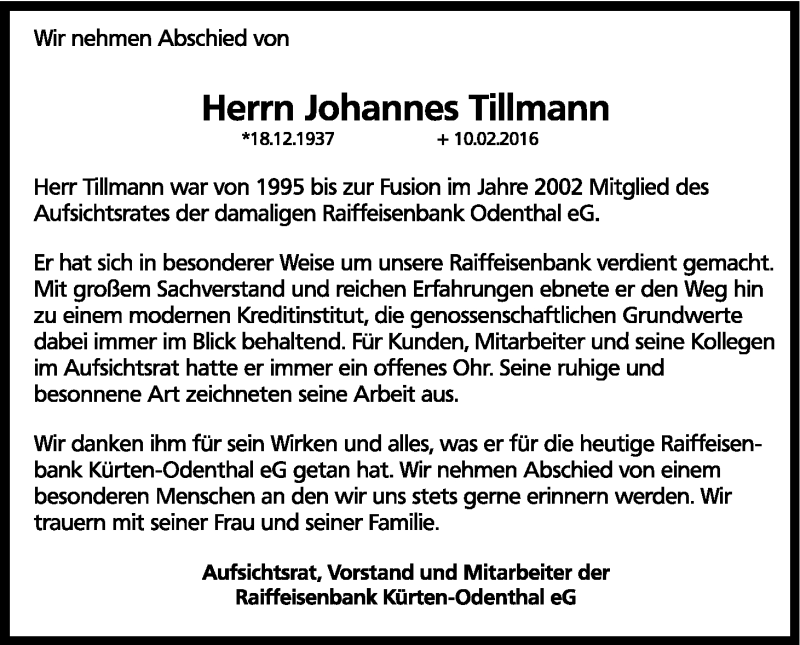  Traueranzeige für Johannes Tillmann vom 13.02.2016 aus Kölner Stadt-Anzeiger / Kölnische Rundschau / Express