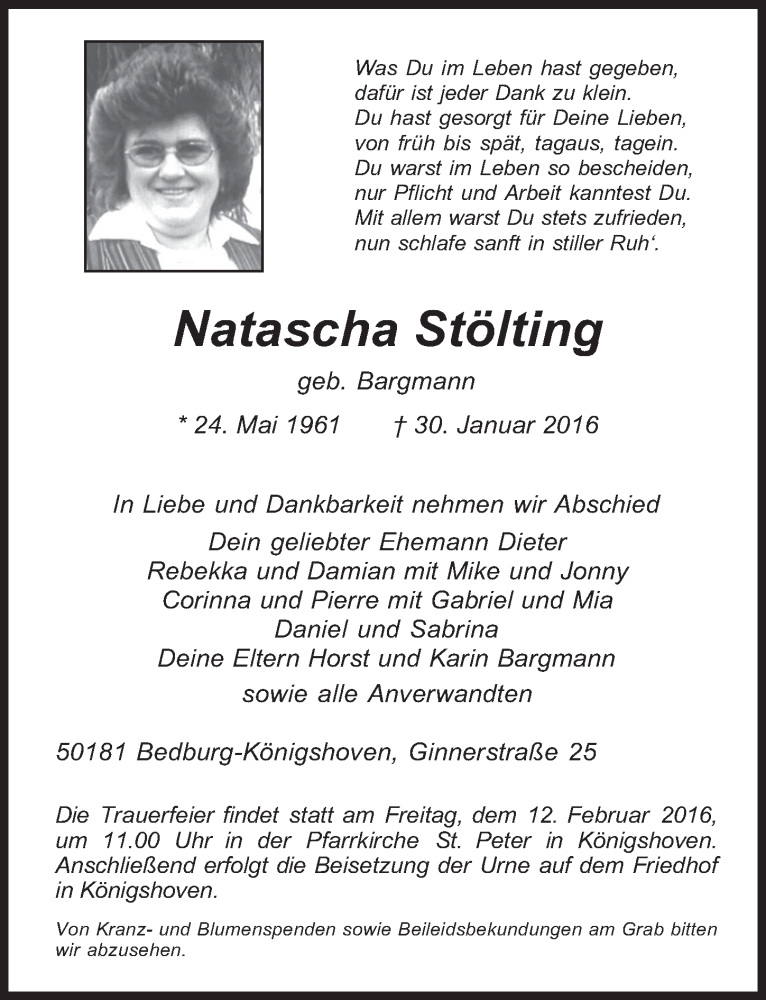  Traueranzeige für Natascha Stölting vom 10.02.2016 aus  Werbepost 