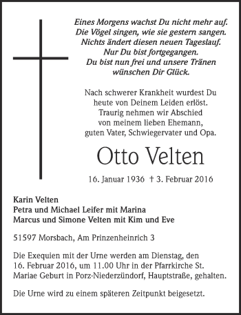 Anzeige von Otto Velten von  Kölner Wochenspiegel 