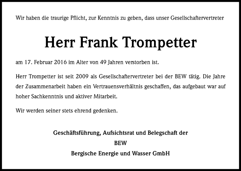  Traueranzeige für Frank Trompetter vom 24.02.2016 aus Kölner Stadt-Anzeiger / Kölnische Rundschau / Express