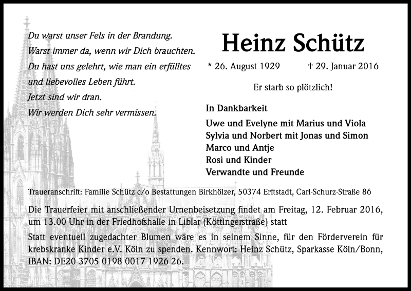  Traueranzeige für Heinz Schütz vom 09.02.2016 aus Kölner Stadt-Anzeiger / Kölnische Rundschau / Express