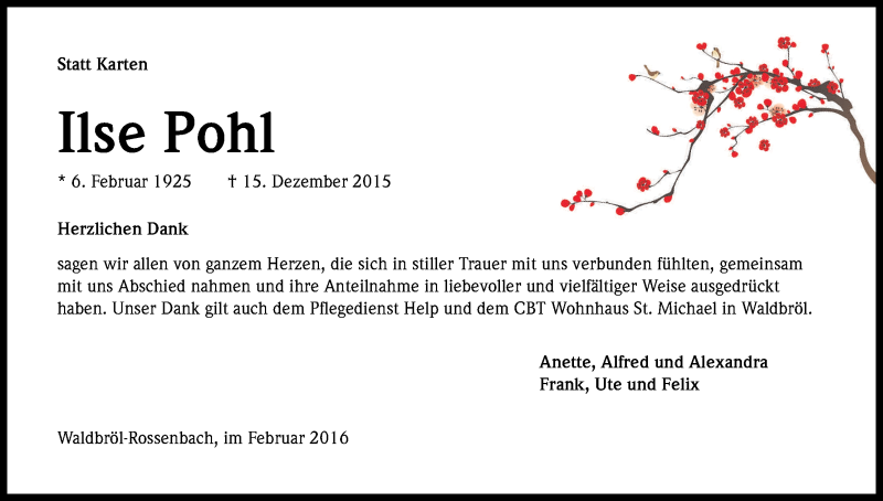  Traueranzeige für Ilse Pohl vom 27.02.2016 aus Kölner Stadt-Anzeiger / Kölnische Rundschau / Express