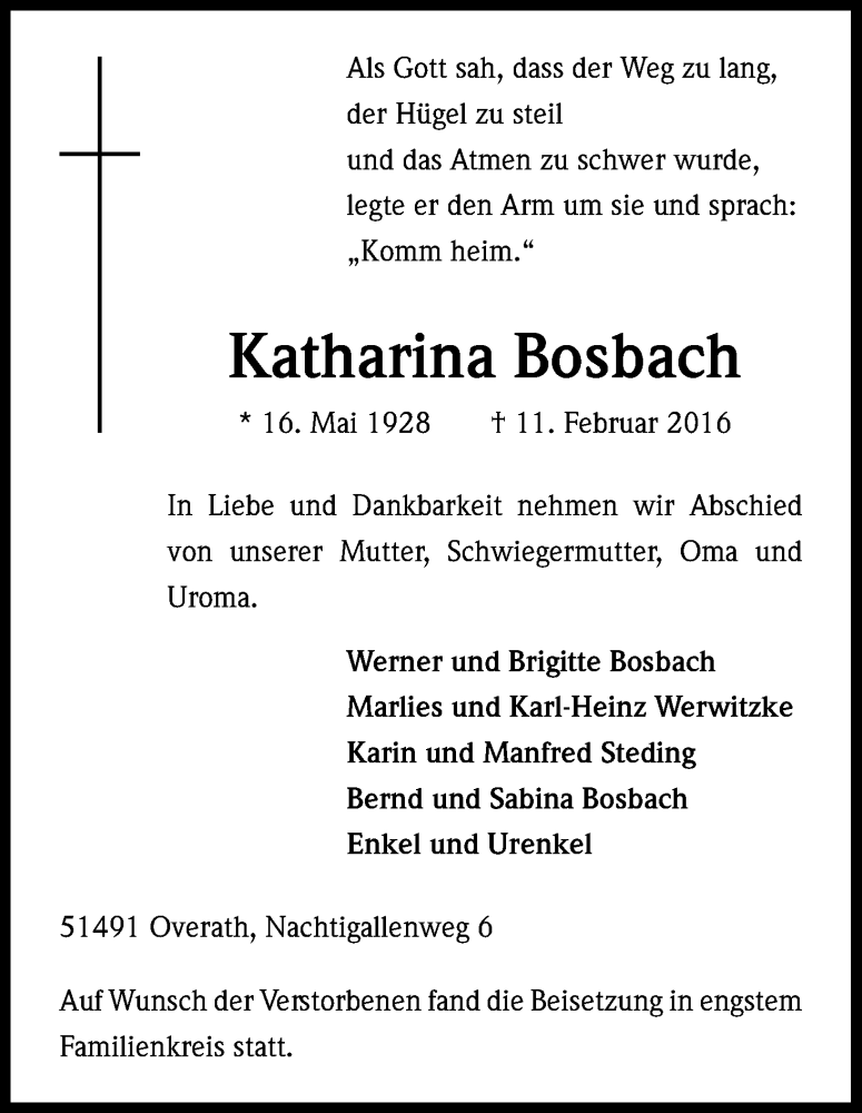  Traueranzeige für Katharina Bosbach vom 27.02.2016 aus Kölner Stadt-Anzeiger / Kölnische Rundschau / Express