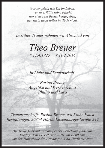 Anzeige von Theo Breuer von  Wochenende 