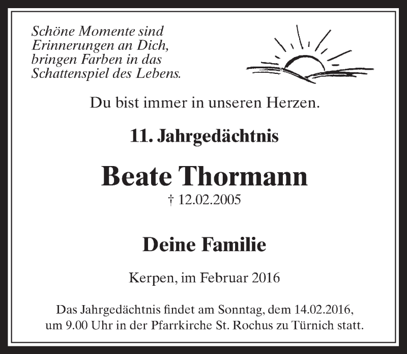  Traueranzeige für Beate Thormann vom 10.02.2016 aus  Werbepost 