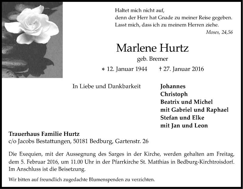 Traueranzeige für Marlene Hurtz vom 02.02.2016 aus Kölner Stadt-Anzeiger / Kölnische Rundschau / Express
