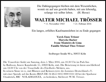 Anzeige von Walter Michael Trösser von Kölner Stadt-Anzeiger / Kölnische Rundschau / Express