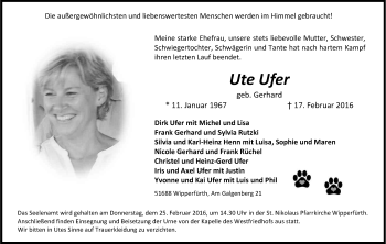 Anzeige von Ute Ufer von Kölner Stadt-Anzeiger / Kölnische Rundschau / Express