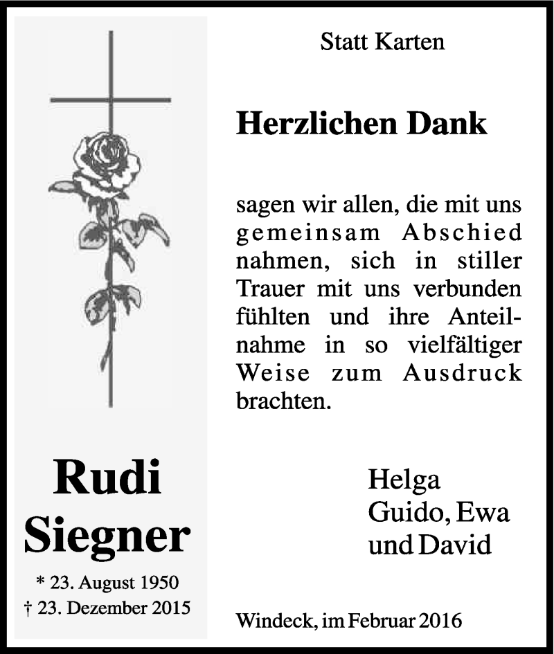  Traueranzeige für Rudi Siegner vom 29.02.2016 aus Kölner Stadt-Anzeiger / Kölnische Rundschau / Express