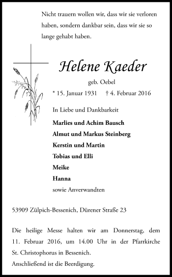 Anzeige von Helene Kaeder von Kölner Stadt-Anzeiger / Kölnische Rundschau / Express