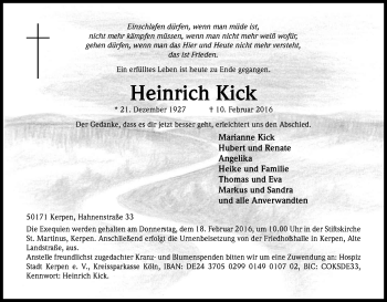 Anzeige von Heinrich Kick von Kölner Stadt-Anzeiger / Kölnische Rundschau / Express