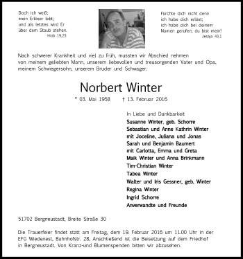 Anzeige von Norbert Winter von  Anzeigen Echo 