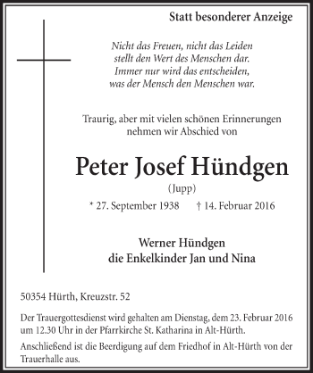 Anzeige von Peter Josef Hündgen von  Sonntags-Post 