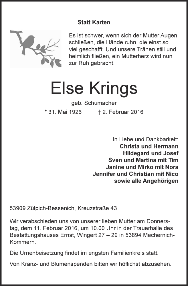  Traueranzeige für Else Krings vom 07.02.2016 aus  Blickpunkt Euskirchen 