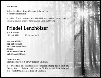 Anzeige von Friedel Lenzhölzer von Kölner Stadt-Anzeiger / Kölnische Rundschau / Express