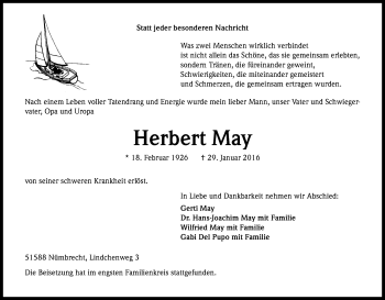 Anzeige von Herbert May von Kölner Stadt-Anzeiger / Kölnische Rundschau / Express