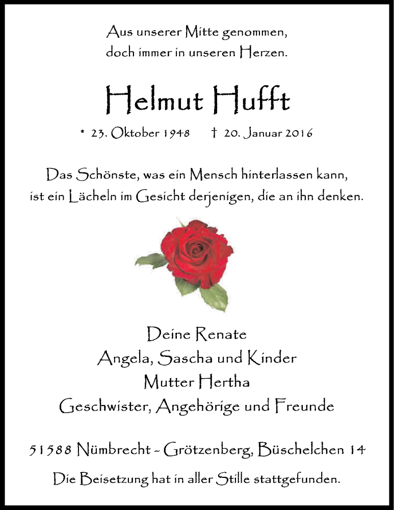  Traueranzeige für Helmut Hufft vom 10.02.2016 aus Kölner Stadt-Anzeiger / Kölnische Rundschau / Express