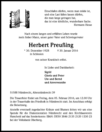 Anzeige von Herbert Preußing von Kölner Stadt-Anzeiger / Kölnische Rundschau / Express