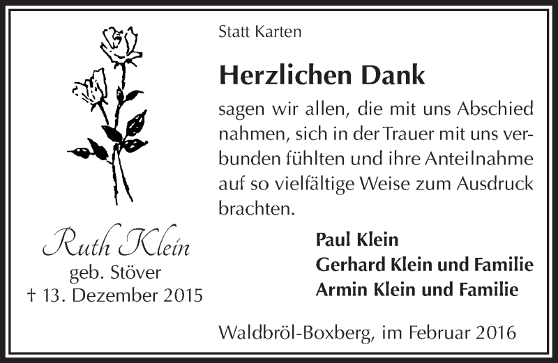  Traueranzeige für Ruth Klein vom 10.02.2016 aus  Lokalanzeiger 