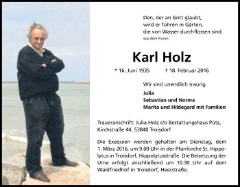 Anzeige von Karl Holz von Kölner Stadt-Anzeiger / Kölnische Rundschau / Express