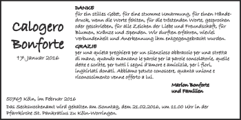 Anzeige von Calogero Bonforte von  Kölner Wochenspiegel 