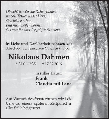Anzeige von Nikolaus Dahmen von  Sonntags-Post 