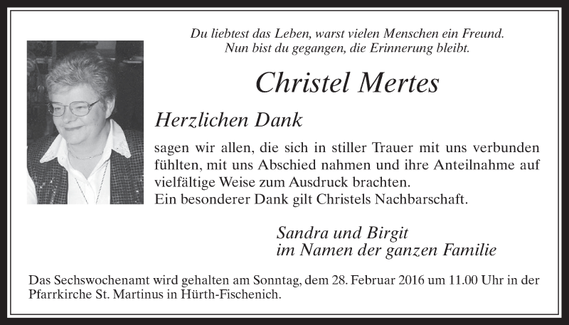  Traueranzeige für Christel Mertes vom 24.02.2016 aus  Wochenende 