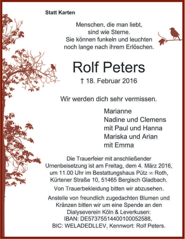 Traueranzeige für Rolf Peters vom 29.02.2016 aus Kölner Stadt-Anzeiger / Kölnische Rundschau / Express