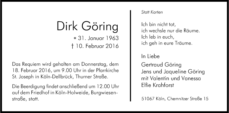  Traueranzeige für Dirk Göring vom 13.02.2016 aus Kölner Stadt-Anzeiger / Kölnische Rundschau / Express