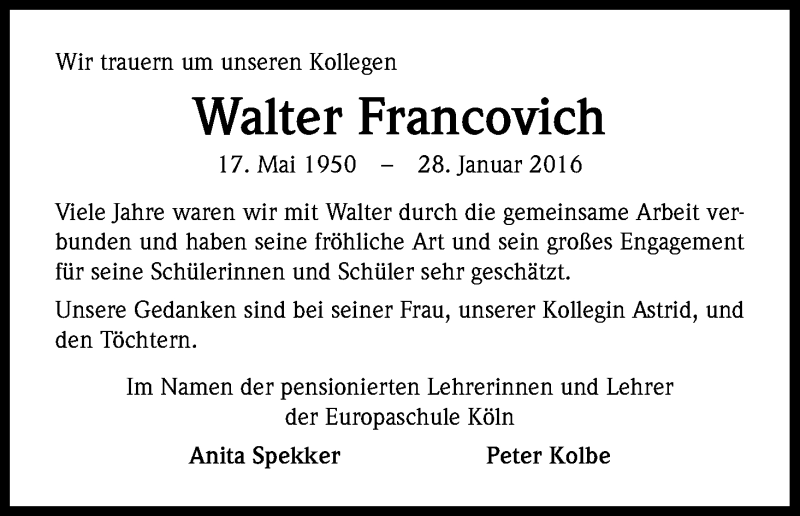  Traueranzeige für Walter Francovich vom 06.02.2016 aus Kölner Stadt-Anzeiger / Kölnische Rundschau / Express