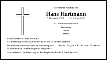Anzeige von Hans Hartmann von Kölner Stadt-Anzeiger / Kölnische Rundschau / Express