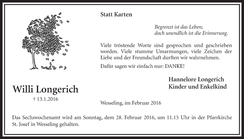  Traueranzeige für Willi Longerich vom 24.02.2016 aus  Schlossbote/Werbekurier 