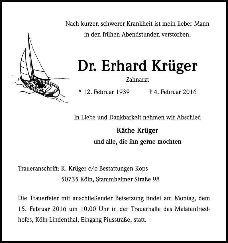  Traueranzeige für Erhard Krüger vom 13.02.2016 aus Kölner Stadt-Anzeiger / Kölnische Rundschau / Express
