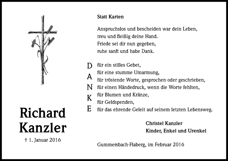  Traueranzeige für Richard Kanzler vom 20.02.2016 aus Kölner Stadt-Anzeiger / Kölnische Rundschau / Express