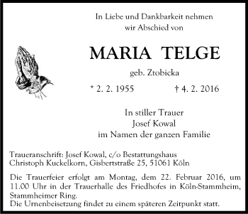 Anzeige von Maria Telge von Kölner Stadt-Anzeiger / Kölnische Rundschau / Express