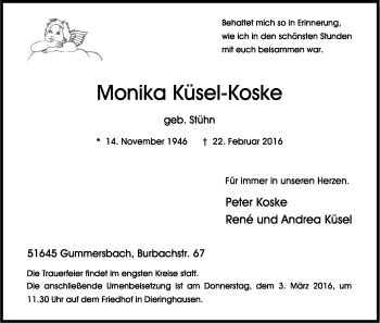 Anzeige von Monika Küsel-Koske von Kölner Stadt-Anzeiger / Kölnische Rundschau / Express