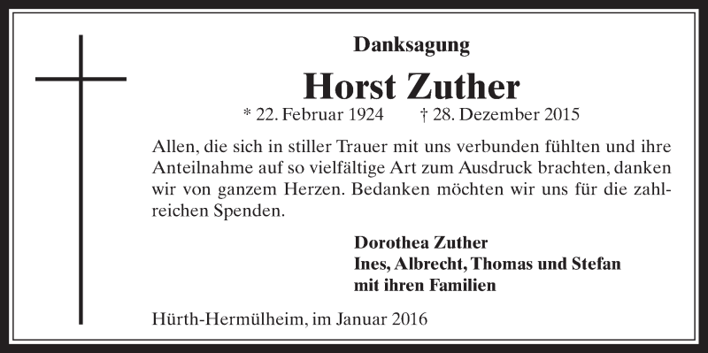  Traueranzeige für Horst Zuther vom 03.02.2016 aus  Wochenende 