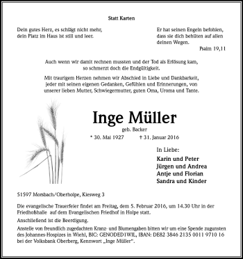 Anzeige von Inge Müller von Kölner Stadt-Anzeiger / Kölnische Rundschau / Express