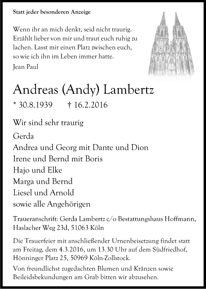  Traueranzeige für Andreas Lambertz vom 27.02.2016 aus Kölner Stadt-Anzeiger / Kölnische Rundschau / Express