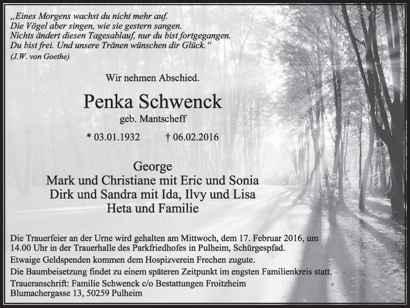  Traueranzeige für Penka Schwenck vom 13.02.2016 aus  Sonntags-Post 